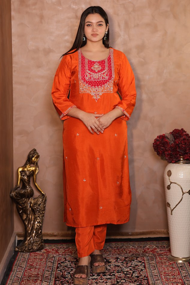 Rasiq Orange Stitched Suit Set - Image 3