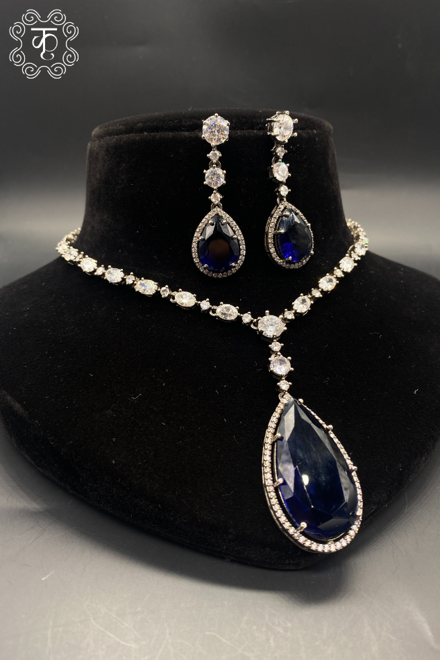 Oxidized Silver and Blue Stone AD neckpiece with Earrings - Image 3