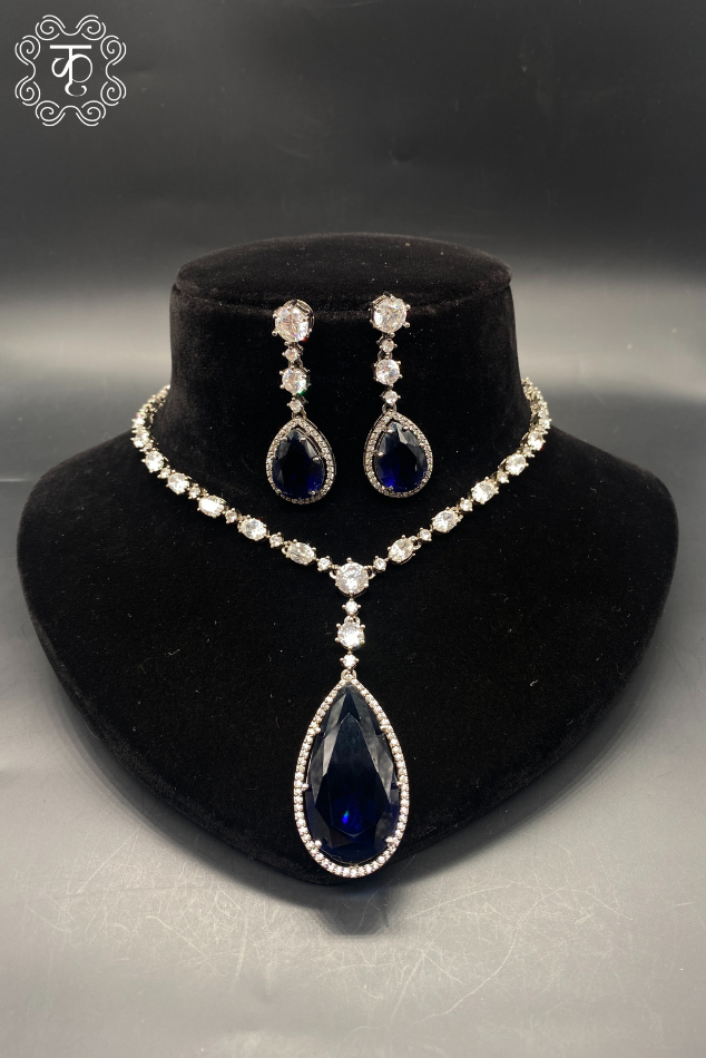 Oxidized Silver and Blue Stone AD neckpiece with Earrings - Image 2