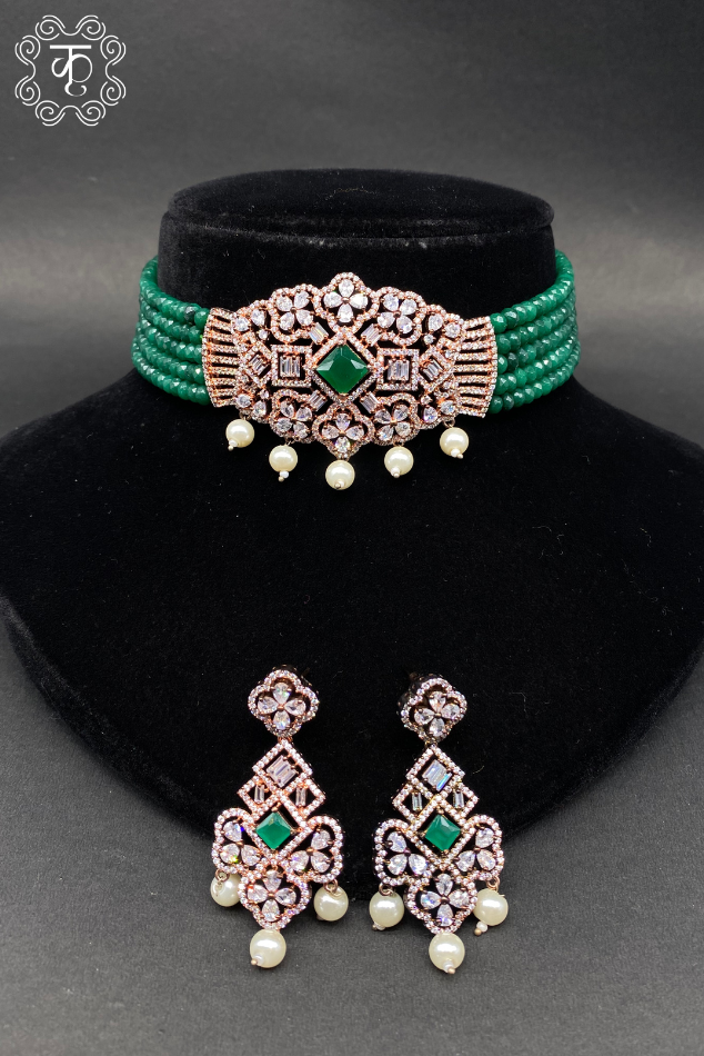 Rose Gold & White AD with Green White pearls Neckpiece - Image 4