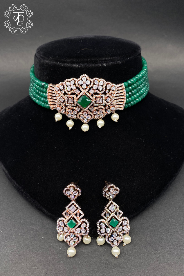 Rose Gold & White AD with Green White pearls Neckpiece - Image 2