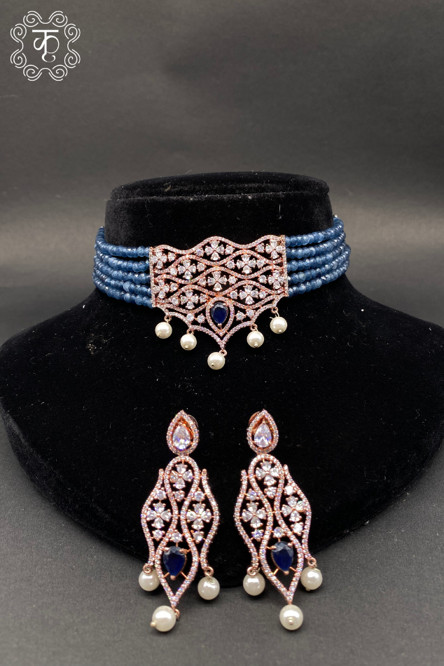 Rose Gold with Blue pearl AD neckpiece - Image 2