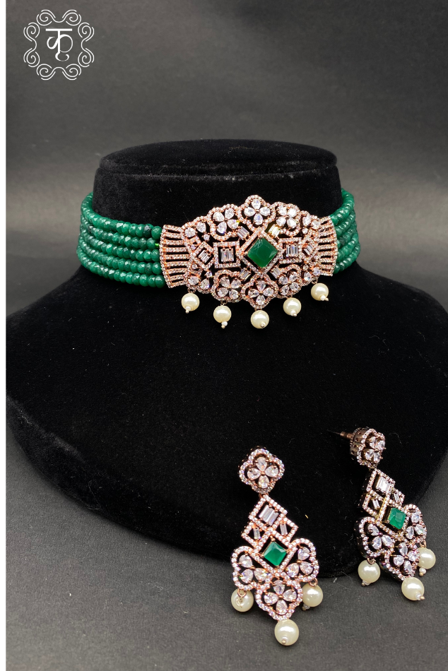 Rose Gold & White AD with Green White pearls Neckpiece - Image 3