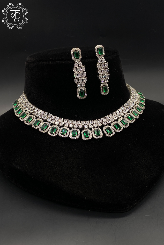Green Emerald with White AD Neckpiece with Earrings - Image 3