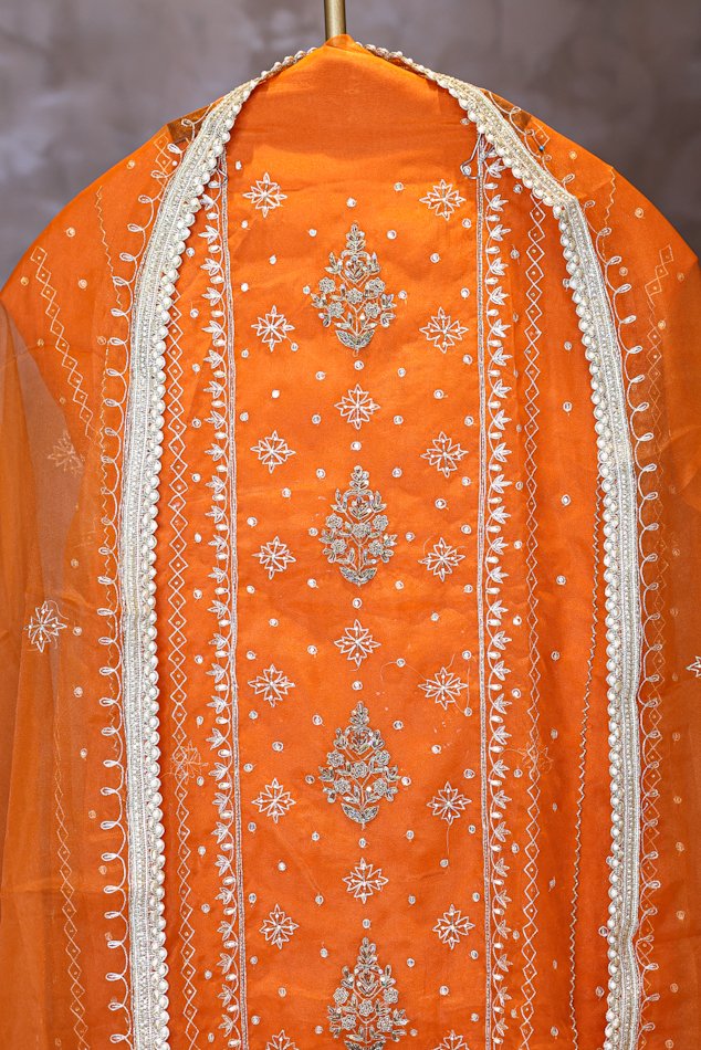 Rasiq Orange Sheer Organza Unstitched Suit Set - Image 3