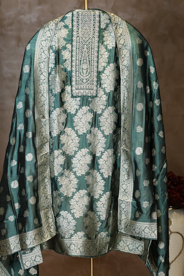 Rasiq Rama Green Banarasi Silk Unstitched Suit Set - Image 2