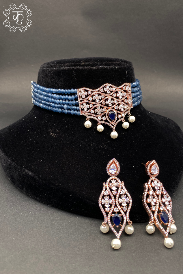 Rose Gold with Blue pearl AD neckpiece - Image 3