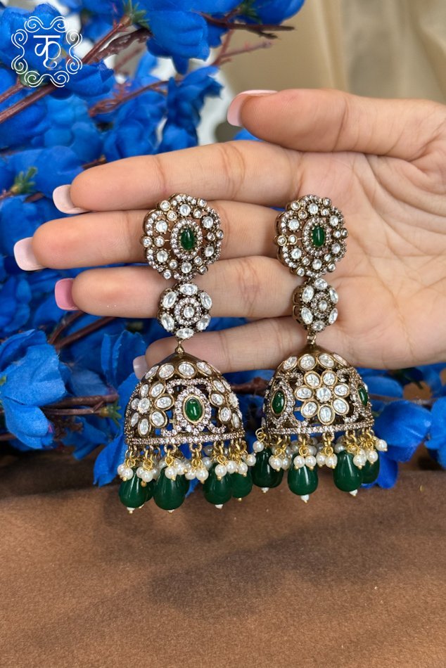 EarRings - Green with White Stones - Image 3
