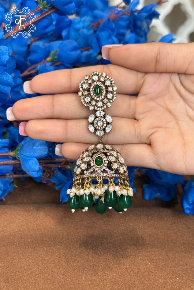 EarRings - Green with White Stones - Image 2