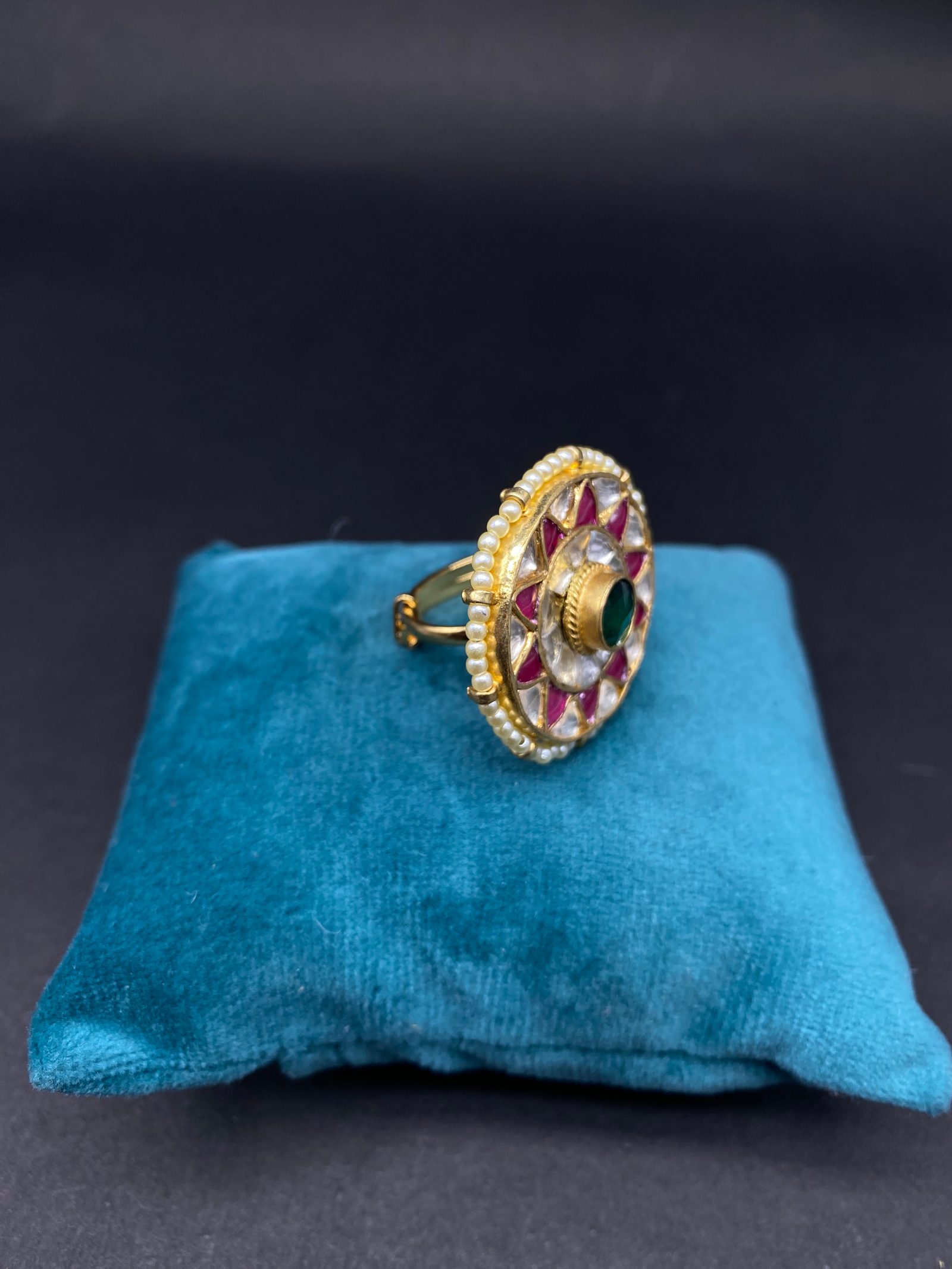 White pearl Green Stone AD Ring - Image 3