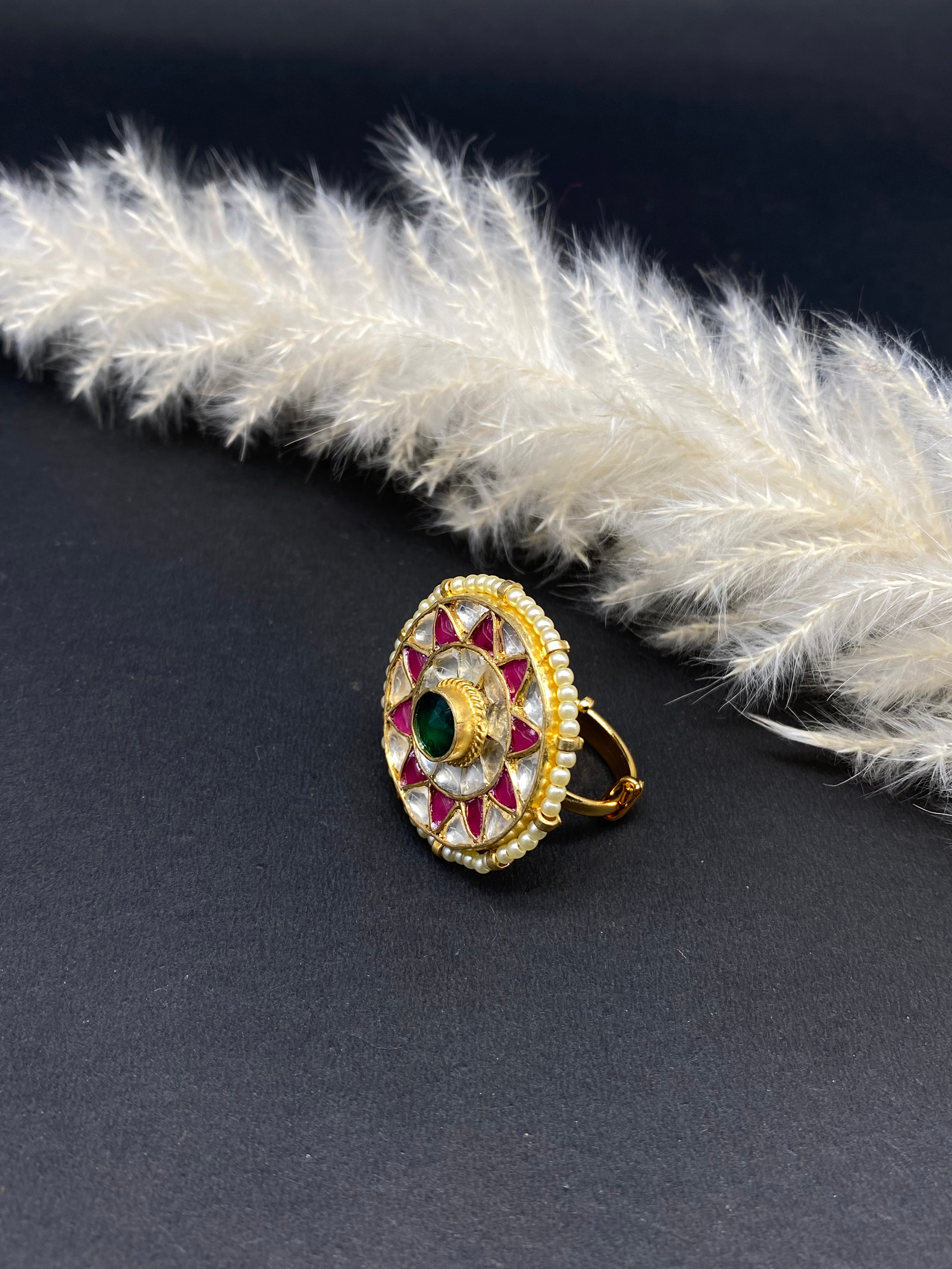 White pearl Green Stone AD Ring - Image 2