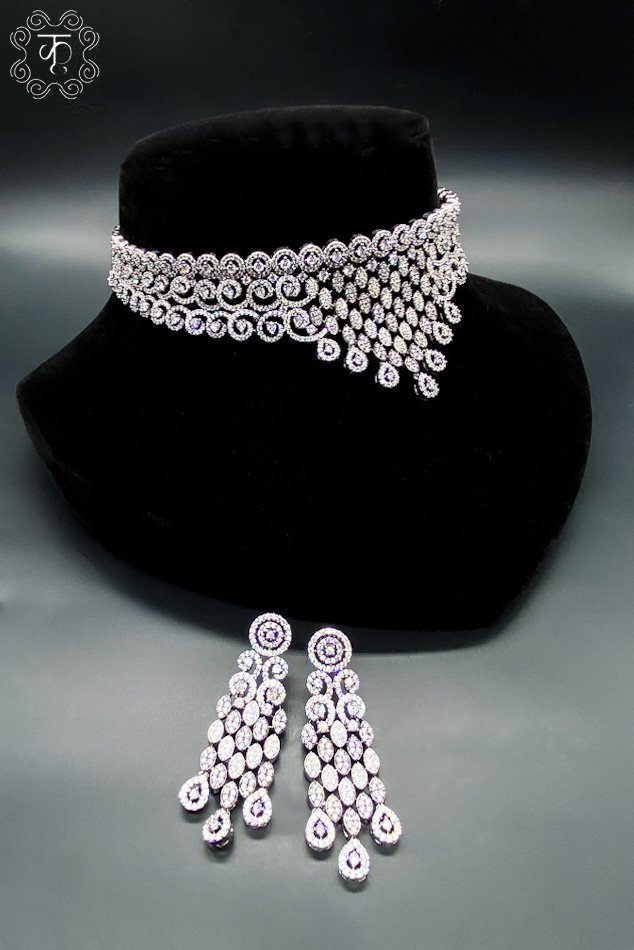 Silver with White AD Neckpiece with Earrings - Image 3