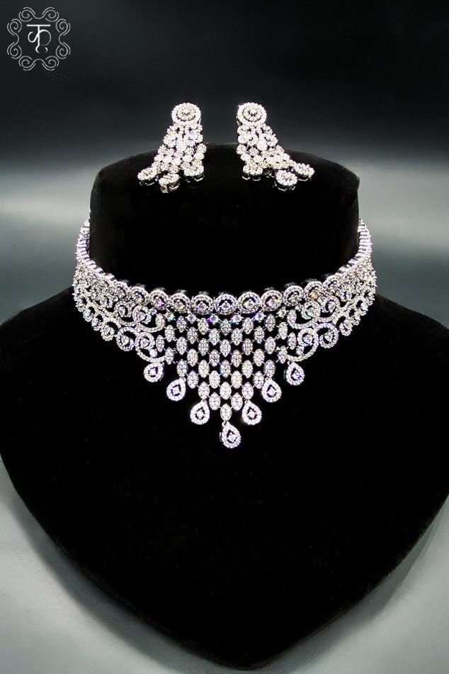 Silver with White AD Neckpiece with Earrings - Image 2