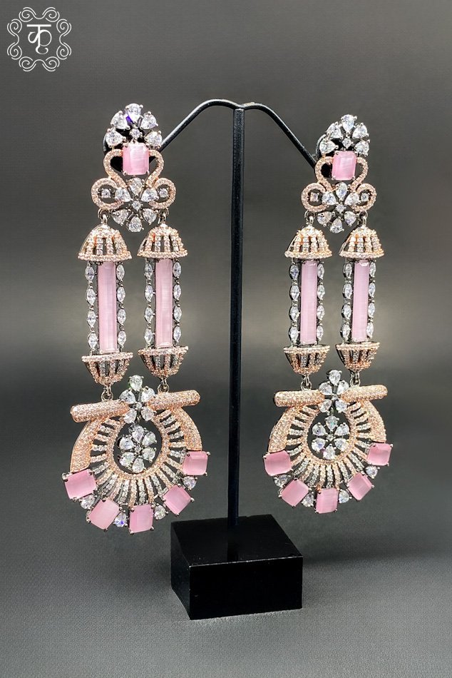 Rose Gold Earrings with Light Pink AD - Image 2