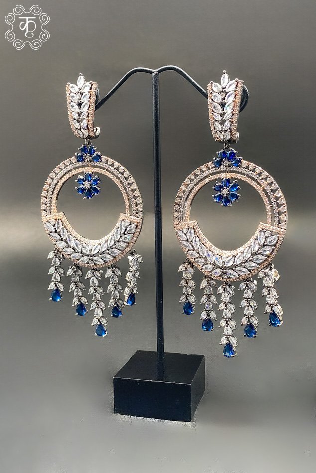 Rose Gold with White & Blue AD Stone Earrings - Image 3