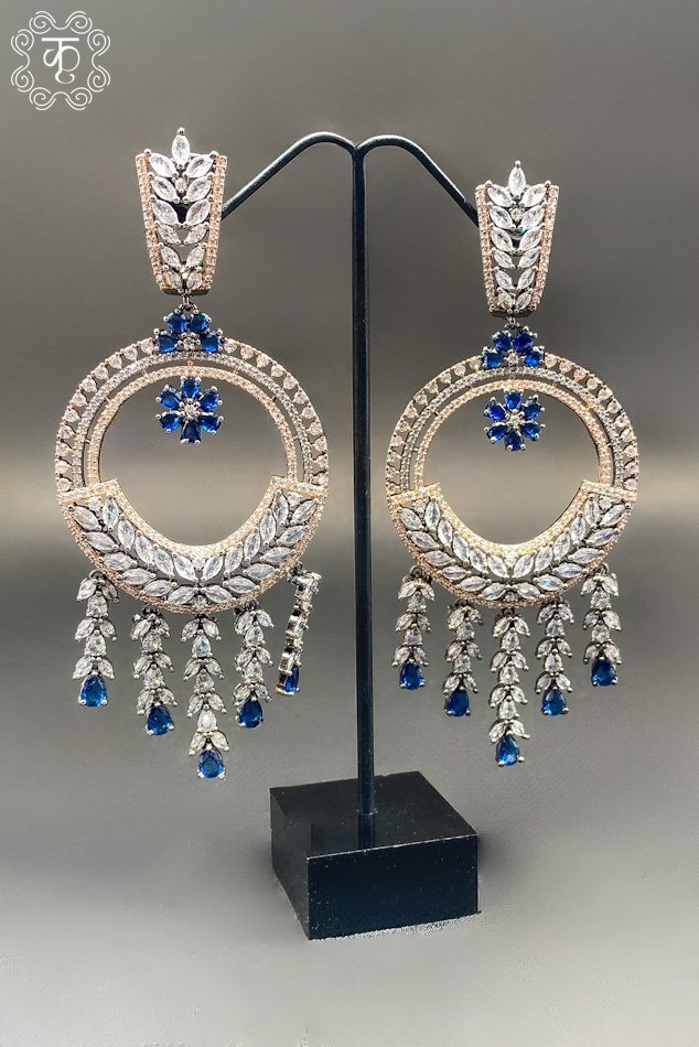 Rose Gold with White & Blue AD Stone Earrings - Image 2