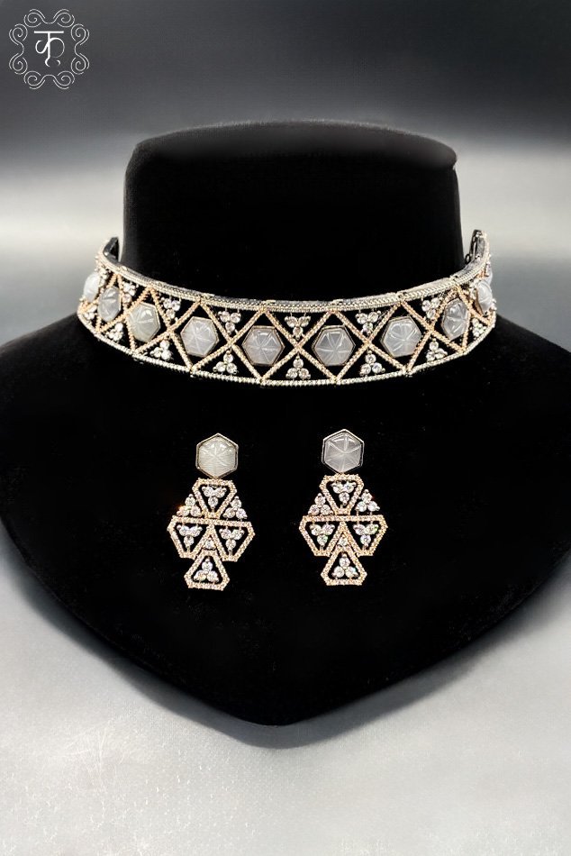 Oxidized Rose Gold and Silver AD neckpiece with Earrings - Image 2