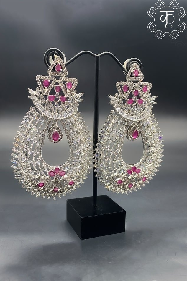 Silver Pink AD Stone Earrings - Image 3