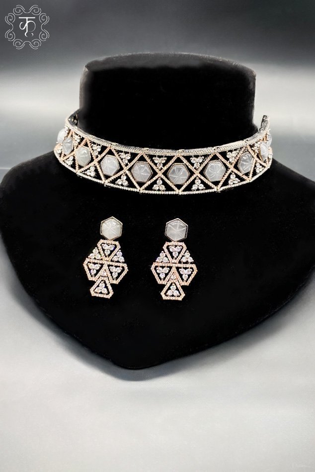 Oxidized Rose Gold and Silver AD neckpiece with Earrings - Image 3