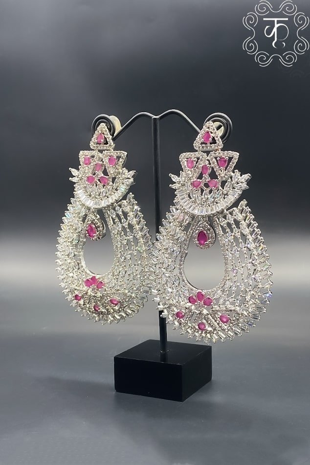 Silver Pink AD Stone Earrings - Image 2
