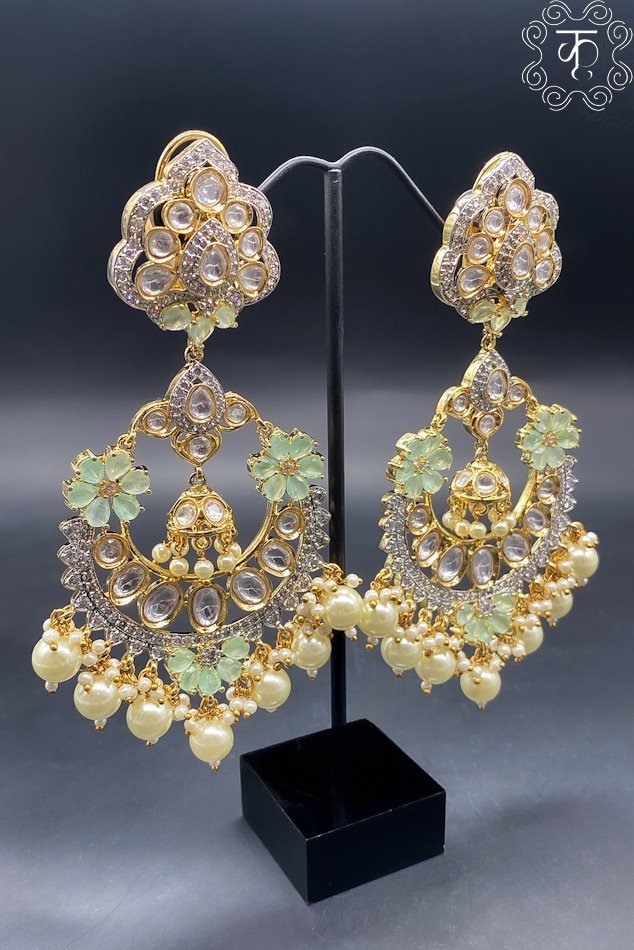Gold Kundan with Mint & White AD Stone Earrings - Image 4