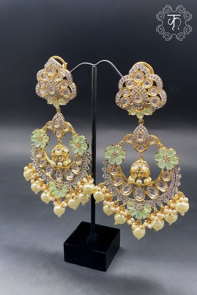 Gold Kundan with Mint & White AD Stone Earrings - Image 3