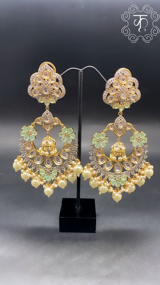 Gold Kundan with Mint & White AD Stone Earrings - Image 2