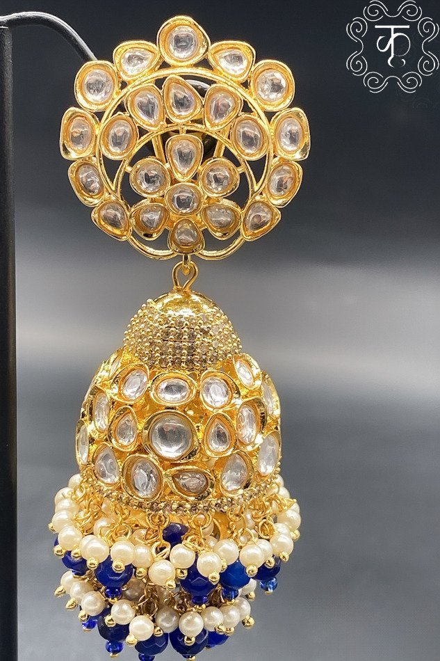Kundan Jhumki - golden kundan, blue & white pearl - Image 2