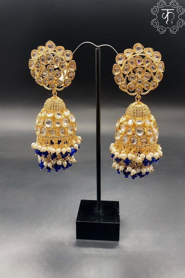 Kundan Jhumki - golden kundan, blue & white pearl - Image 3