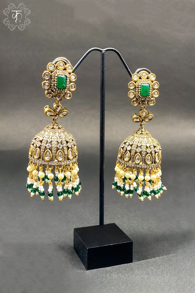 Gold and Green White AD Earrings - Image 3