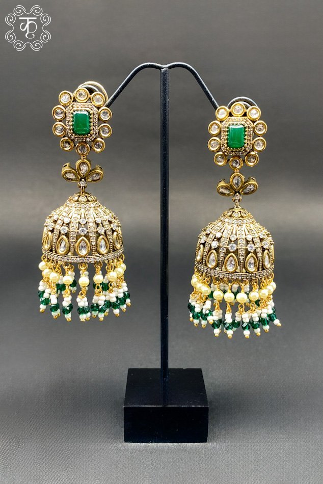 Gold and Green White AD Earrings - Image 2