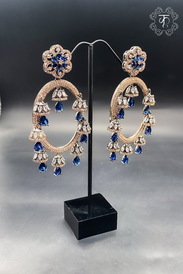 Rose Gold White & Blue AD Earrings - Image 2