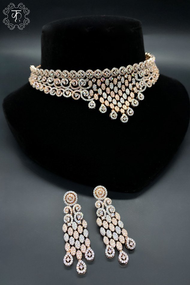 Rose Gold with White AD neckpiece & Earrings - Image 5