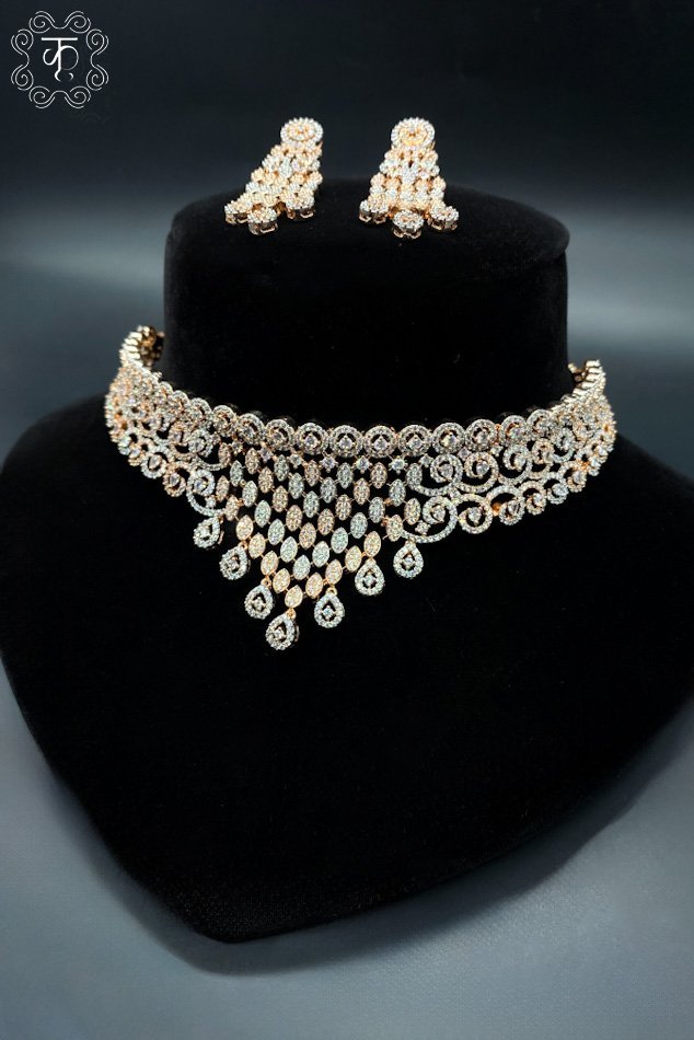 Rose Gold with White AD neckpiece & Earrings - Image 6