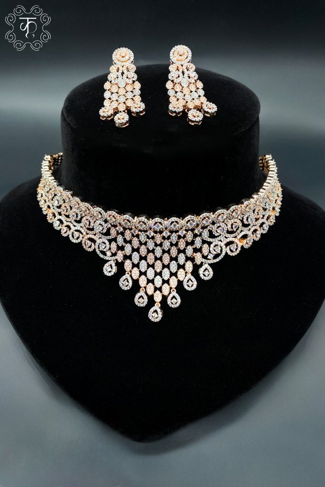 Rose Gold with White AD neckpiece & Earrings - Image 3